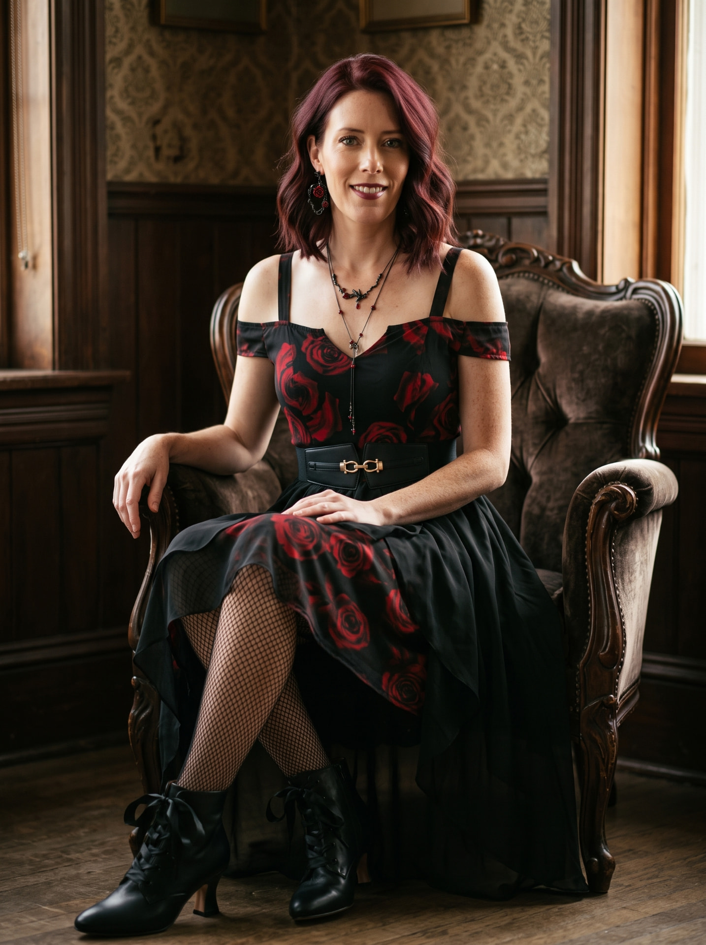 Holly O'Brien, Lady Hao, seated in an antique armchair wearing a black rose-print dress