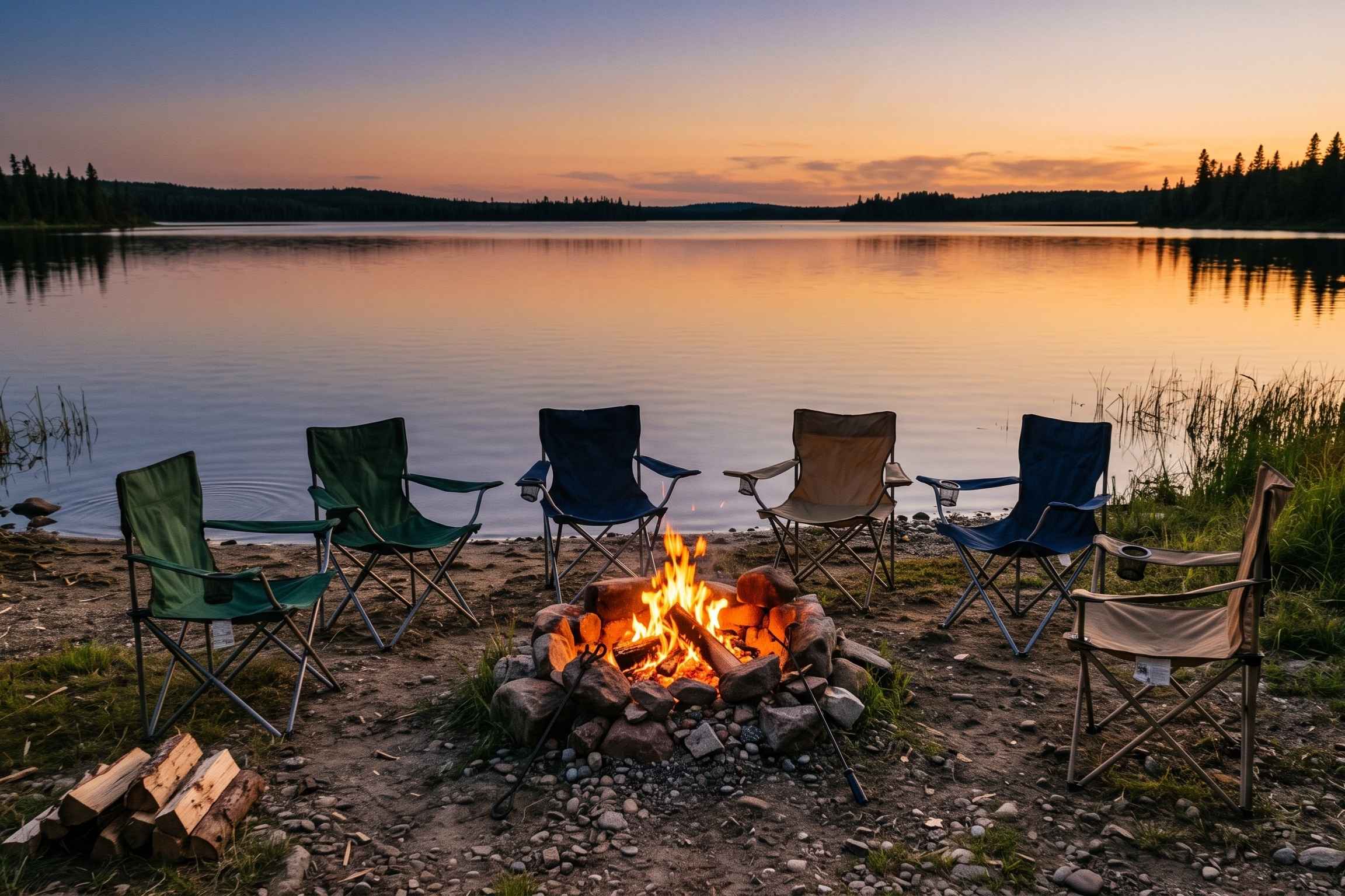 Fire pit gathering at dusk, chairs circled around the flames