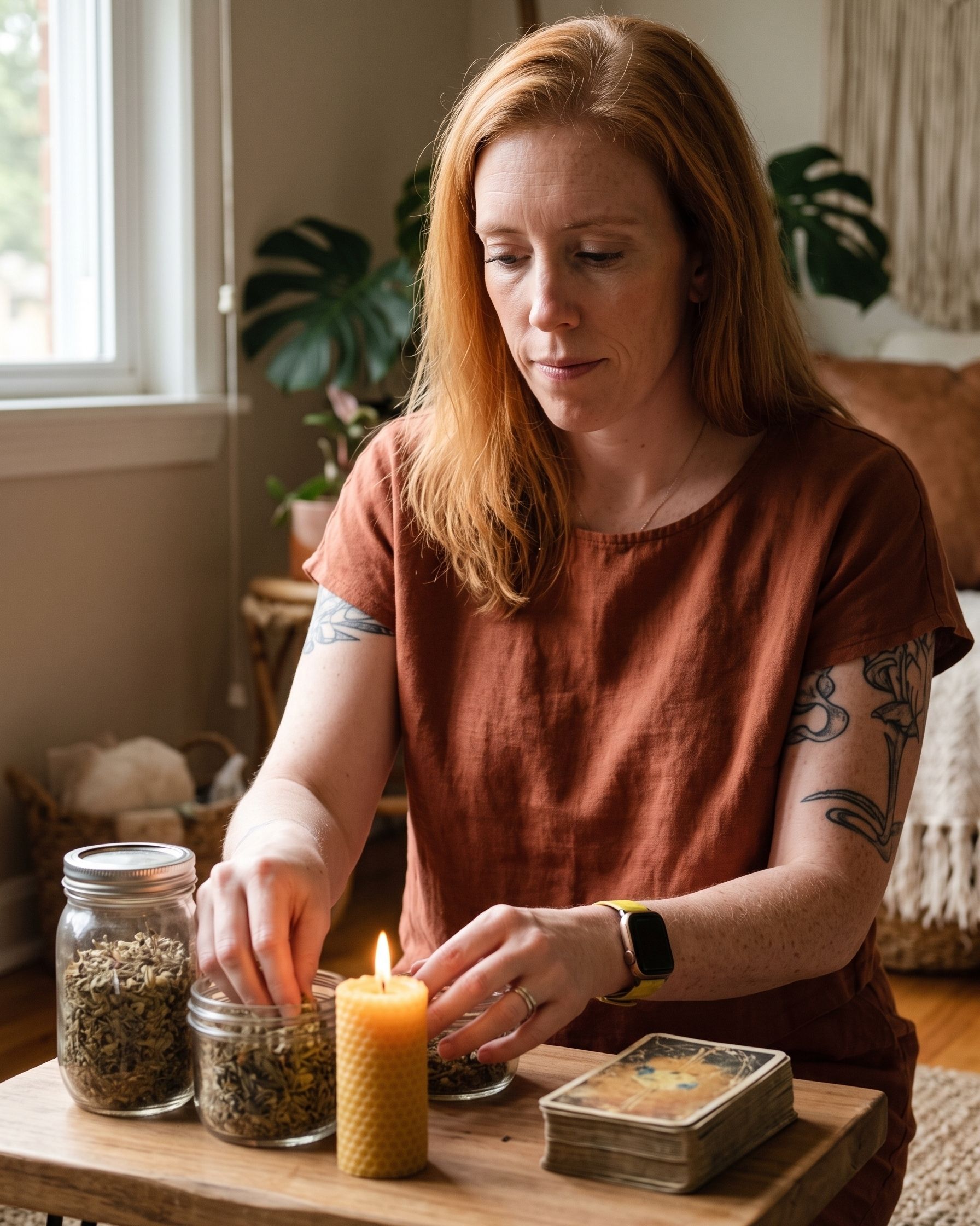 Holly preparing her session space with candles and healing tools